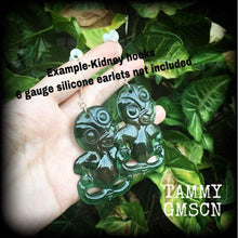 Load image into Gallery viewer, Green tiki earrings Kiwi earrings New Zealand earrings Maori earrings Tumatauenga Tane earrings Tunnel dangles Plug earrings Gauged earrings