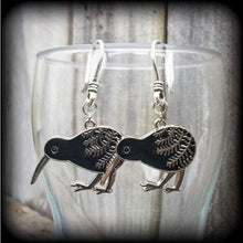 Load image into Gallery viewer, Kiwi bird earrings Kiwi earrings New Zealand earrings Maori earrings Silver Fern earrings 3mm tunnel dangles Plug earrings Gauged earrings