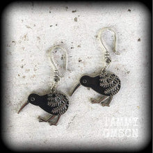 Load image into Gallery viewer, Kiwi bird earrings Kiwi earrings New Zealand earrings Maori earrings Silver Fern earrings 3mm tunnel dangles Plug earrings Gauged earrings