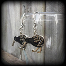 Load image into Gallery viewer, Kiwi bird earrings Kiwi earrings New Zealand earrings Maori earrings Silver Fern earrings 3mm tunnel dangles Plug earrings Gauged earrings