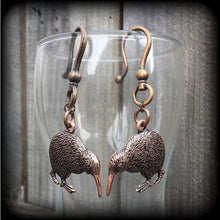 Load image into Gallery viewer, Kiwi bird earrings Ear hangers Ear weights Copper tunnel dangles New Zealand earrings Maori earrings 3mm 4mm Plug earrings Gauged earrings