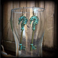 Load image into Gallery viewer, Key earrings Seahorse earrings Patina earrings Nautical earrings Steampunk earrings 3mm plug earrings 6mm tunnel earrings 8mm tunnel dangles