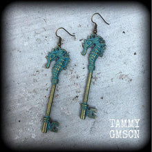 Load image into Gallery viewer, Key earrings Seahorse earrings Patina earrings Nautical earrings Steampunk earrings 3mm plug earrings 6mm tunnel earrings 8mm tunnel dangles