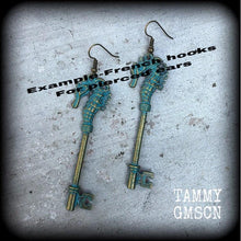 Load image into Gallery viewer, Key earrings Seahorse earrings Patina earrings Nautical earrings Steampunk earrings 3mm plug earrings 6mm tunnel earrings 8mm tunnel dangles