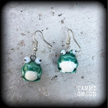 Load image into Gallery viewer, Frog earrings Cute earrings Pet earrings Wood earrings Animal earrings Dangle earrings Japanese earrings 2g Plug dangles 3mm Tunnel dangles
