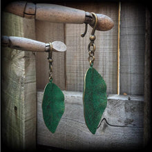Load image into Gallery viewer, Leaf earrings Plant earrings Plug dangles Statement earrings Dangle earrings Artemis earrings Nature earrings Bronze Tunnel earrings Plugs