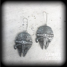 Load image into Gallery viewer, Star Wars earrings Sci Fi earrings Space ship earrings Nerd earrings Tunnel earrings Plug earrings Kidney hooks Pierced ears Leverback hooks