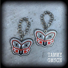 Load image into Gallery viewer, Maori tiki earrings Kiwi earrings New Zealand earrings Ta Moko Polynesian earrings Tumatauenga Tane earrings Tunnel dangles Plug earrings