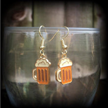 Load image into Gallery viewer, Beer earrings Beer stein earrings Beer glass earrings Oktoberfest earrings Dangle earrings Beer lovers earrings Kidney hooks Leverback hook