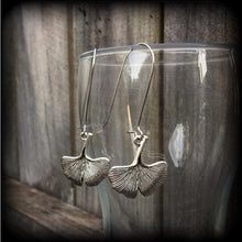 Load image into Gallery viewer, Ginko earrings Leaf earrings Goddess jewelry Nature jewelry Plug earrings Silver earrings Gauged earrings 6mm tunnel dangles 8mm plug dangle