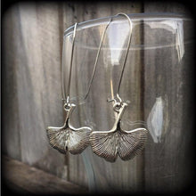 Load image into Gallery viewer, Ginko earrings Leaf earrings Goddess jewelry Nature jewelry Plug earrings Silver earrings Gauged earrings 6mm tunnel dangles 8mm plug dangle