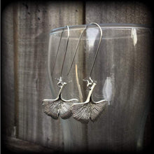 Load image into Gallery viewer, Ginko earrings Leaf earrings Goddess jewelry Nature jewelry Plug earrings Silver earrings Gauged earrings 6mm tunnel dangles 8mm plug dangle