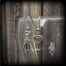 Load image into Gallery viewer, Wine earrings Wine glass earrings Corkscrew earrings Alcohol earrings Dangle earrings Wine lovers earrings Kidney hooks Leverback hook Grape