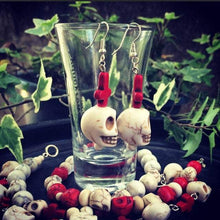 Load image into Gallery viewer, Skull earrings, Voodoo earrings, Los Muertos earrings, Santeria jewelry, Plug earrings, Tunnel earrings, Red inverted cross, Pierced ears