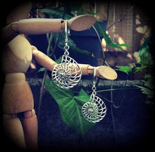 Load image into Gallery viewer, 3mm ammonite tunnel earrings 4mm 6mm plug dangles Fibonacci ear hangers Tunnel dangles Plug earrings 8 gauge Gauged earrings Hanging gauges