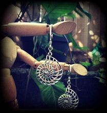 Load image into Gallery viewer, 3mm ammonite tunnel earrings 4mm 6mm plug dangles Fibonacci ear hangers Tunnel dangles Plug earrings 8 gauge Gauged earrings Hanging gauges