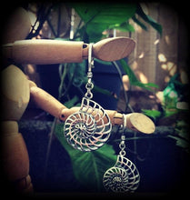 Load image into Gallery viewer, Fibonacci earrings Ammonite Nautilus earrings Sacred geometry earrings Boho Beach jewelry Science earrings Gifts for geeks Perfect ratio 3mm