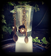 Load image into Gallery viewer, Caffiene earrings Cup earrings Teaspoon earrings Bronze ear weights Cute earrings Pierced ears Stretched lobes Tapers Tunnels Plugs 2g 4g 6g