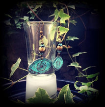 Load image into Gallery viewer, Evil Eye earrings Hamsa earrings Lovecraft Nautical Esoteric earrings Verdigris Patina earrings Tunnel dangles Plug earrings Gauged earrings