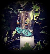 Load image into Gallery viewer, Evil Eye earrings Hamsa earrings Lovecraft Nautical Esoteric earrings Verdigris Patina earrings Tunnel dangles Plug earrings Gauged earrings