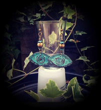 Load image into Gallery viewer, Evil Eye earrings Hamsa earrings Lovecraft Nautical Esoteric earrings Verdigris Patina earrings Tunnel dangles Plug earrings Gauged earrings