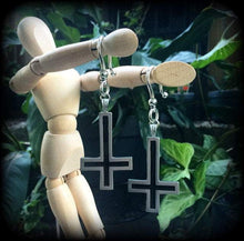 Load image into Gallery viewer, Inverted Cross ear weights Tunnel dangles Gauged earrings Evil eye Hanging gauges Church of Satan Ear hangers Plug dangles Ear weights 0g 2g