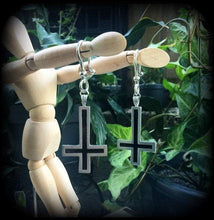 Load image into Gallery viewer, Inverted Cross ear weights Tunnel dangles Gauged earrings Evil eye Hanging gauges Church of Satan Ear hangers Plug dangles Ear weights 0g 2g