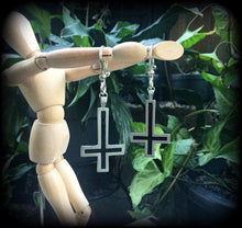 Load image into Gallery viewer, Inverted Cross ear weights Tunnel dangles Gauged earrings Evil eye Hanging gauges Church of Satan Ear hangers Plug dangles Ear weights 0g 2g