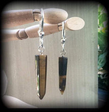 Load image into Gallery viewer, Tigers eye earrings Gemstone earrings Organic earrings Crystal earrings Gauged earrings Pierced ears Tapers Tunnels Plugs Gauges Ear hangers