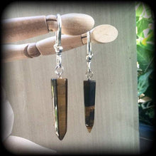 Load image into Gallery viewer, Tigers eye earrings Gemstone earrings Organic earrings Crystal earrings Gauged earrings Pierced ears Tapers Tunnels Plugs Gauges Ear hangers