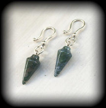 Load image into Gallery viewer, Moss Jasper earrings Jasper plug earrings Gemstone Crystal Pendulum earrings Dangle earrings Tunnel earrings Plug dangles Pierced Ears 14g
