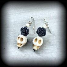Load image into Gallery viewer, Skull earrings Rose earrings Day of the Dead Halloween Los Muertos Santeria Gauged earrings Rockabilly earrings Dangly earrings Pierced ears