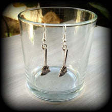 Load image into Gallery viewer, Witchy earrings Besom earrings Witches broom Pagan earrings Gothic earrings Halloween earrings Tunnel dangles Tunnel earrings Plug dangles