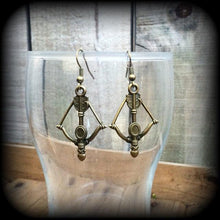 Load image into Gallery viewer, Bow and Arrow Earrings, Goddess Artemis, Cross Bow, Tunnel earrings, Pan jewelry, Saggitarius earrings, Centaur, Wicca, Diana, Plug earrings