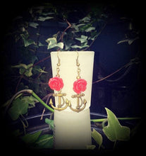 Load image into Gallery viewer, Anchor earrings Rose Tunnel earrings Nautical Plug earrings Tunnel dangles Bronze Plug dangles Rockabilly Jules Verne Pierced ears 00g 14g