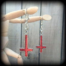 Load image into Gallery viewer, Inverted Cross earrings, Cross jewelry, Plug earrings, Satanic, Evil, Tunnel earrings, Gothic jewelry, Occult jewelry, St Peters cross 14 g