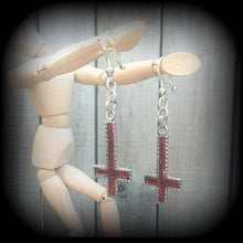 Load image into Gallery viewer, Inverted Cross earrings, Cross jewelry, Plug earrings, Satanic, Evil, Tunnel earrings, Gothic jewelry, Occult jewelry, St Peters cross 14 g