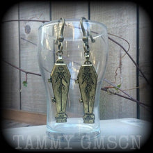 Load image into Gallery viewer, Coffin ear hangers Halloween ear weights Skeleton tunnel dangles Coffin plug dangles Jack Skellington Hanging gauges Gauged earrings 0g 00g